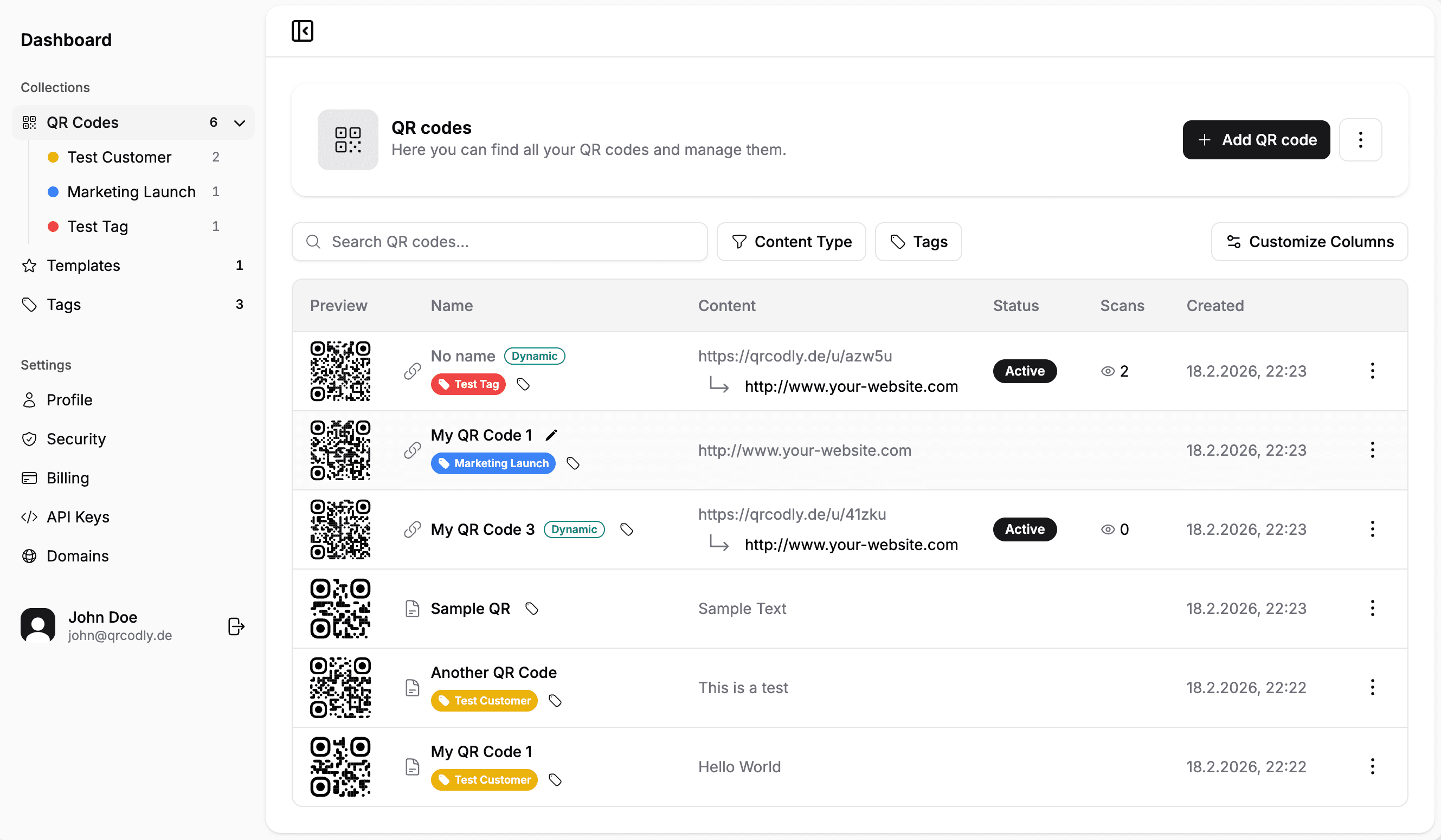 LinkWeb Dashboard showing QR code management interface